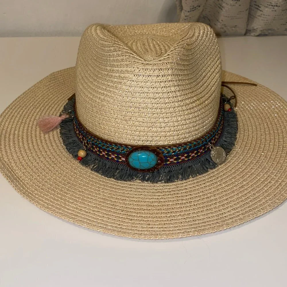 Turquoise Beaded Fringe Straw Sun Hat